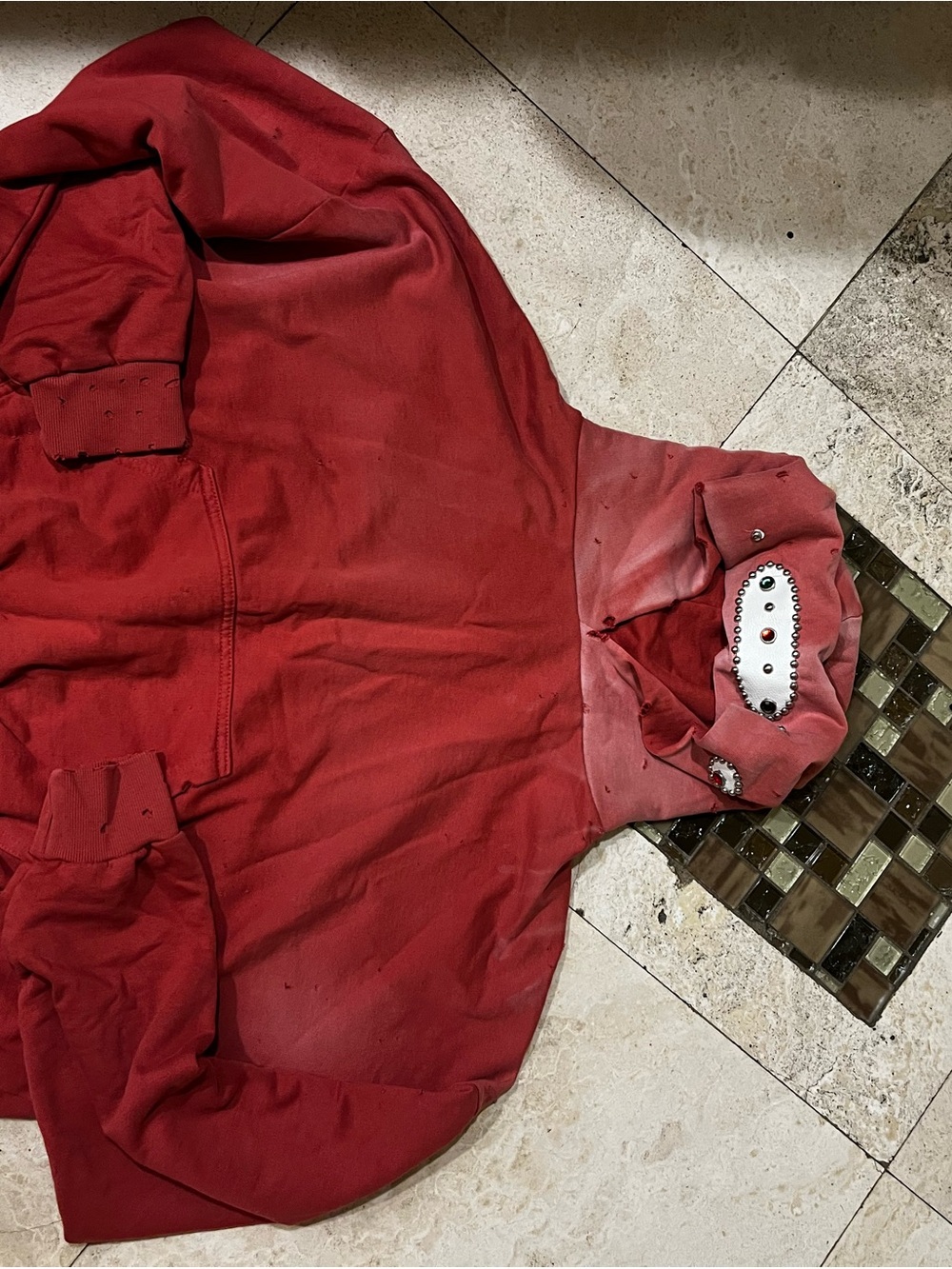Men’s Red Hooded Sweatshirt with Studded Eyelet Detail